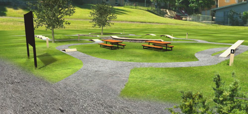 Exempel på cykelpark med cykellek och balansmoment i parkmiljö